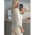Blusa Biamar Com Gola V e Toque de Fio Pluma Bege