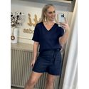 Blusa De Linho Com Decote V Azul Marinho 