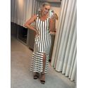 Vestido Icônica Listrado Com Decote V Bege Com Preto 