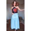 Saia Midi Jeans Pala Curva Franzida Estampado