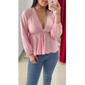 Bata Manga Longa Peplum Xadrez - ROSA