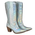 Bota Feminina Western Cano Longo Bordado Napa Holográfica Prata