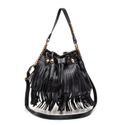 Bolsa Saco em Couro Preto com Franja Isa