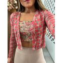 Cardigan Estampado Rosa Canelado Com Top Lez