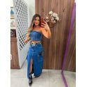 Saia Jeans Escuro Midi Bolsos Alcance