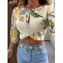 Blusa Cropped Estampada Com Mangas 3/4 E Recortes Lez a Lez 