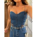 Top Jeans Escuro Tomara que Caia Brilhos 