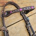 Cabecada Testa Couro Café Strass Magenta Com Afogador e Engate Rápido Cod.8515 - Protec Horse