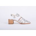 Sandalia de Couro Salto Bloco Tela Prata Ref. 09982.09973
