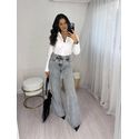 Calça Wide Leg Jeans Cinza Estonada Kendal