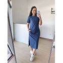 Vestido Camisetão Midi em Algodão Luxuoso- Azul jeans