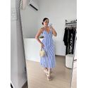 Vestido Linho Mídi Listrado -Azul