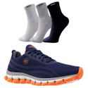 Kit Tênis Asc Lege 21 para Treino, Academia e Esportes - Azul e Laranja + 03 Pares de Meias Cano Alto 