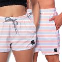 Kit Short Casal Masculino Feminino Listrado Branco e Rosa