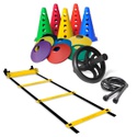 Kit Escada de Agilidade + 10 Chapéu Chinês Coloridos + Roda Abdominal + 10 Cones com Furo Coloridos + Corda Pvc