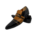 Sapato Masculino Italiano Couro Preto Pesponto Amarelo com Fivela Ref: 974