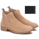 Botina Chelsea Masculina Couro Legítimo Nobuck + Carteira - Areia
