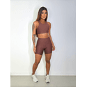 Conjunto Shorts Bolso Top Camiseta Marrom 