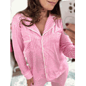 Pijama Feminino Americano Longo Xadrez Branco e Rosa