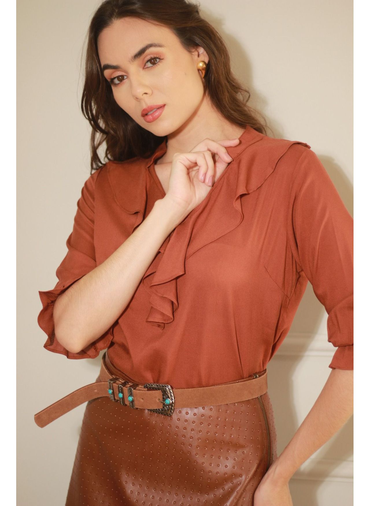 Blusa Babados Viscose - Marrom