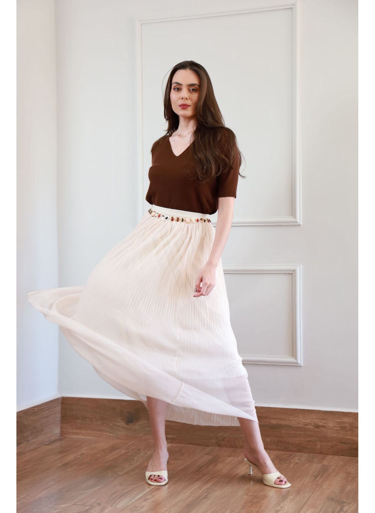 Saia Tule Plissada -Creme