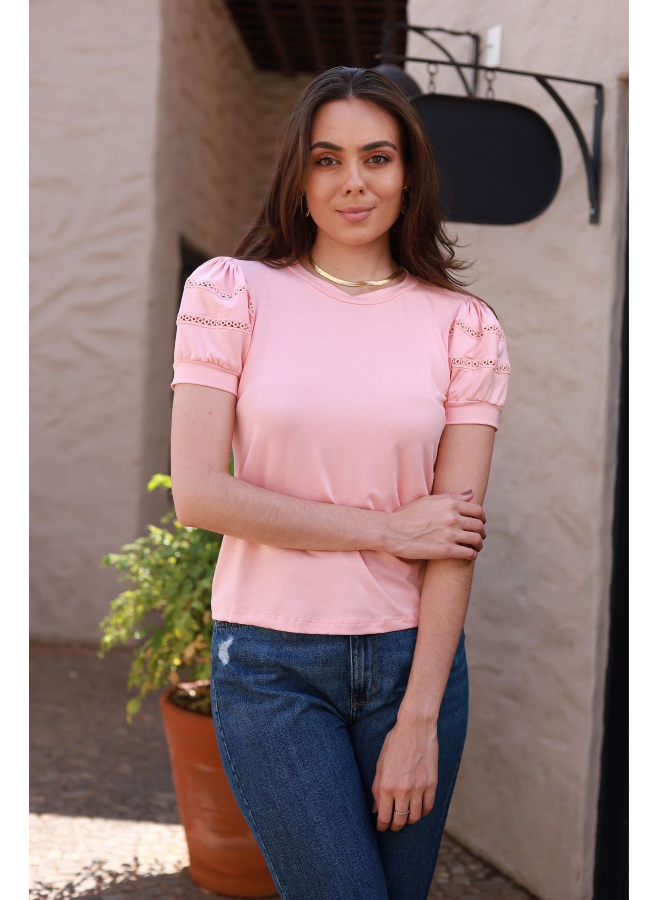 Blusa Mangas Renda- Rosa