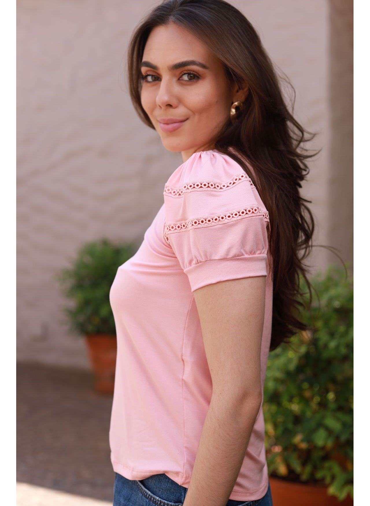Blusa Mangas Renda- Rosa
