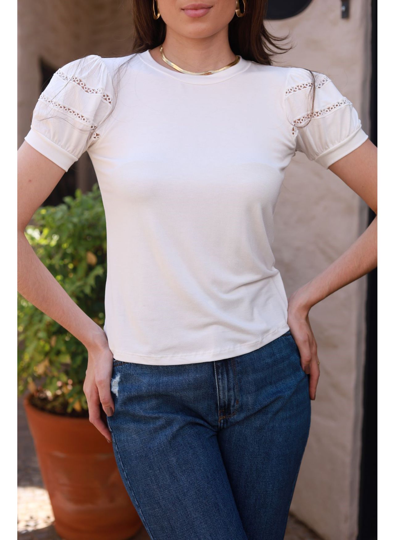 Blusa Mangas Renda - Off White