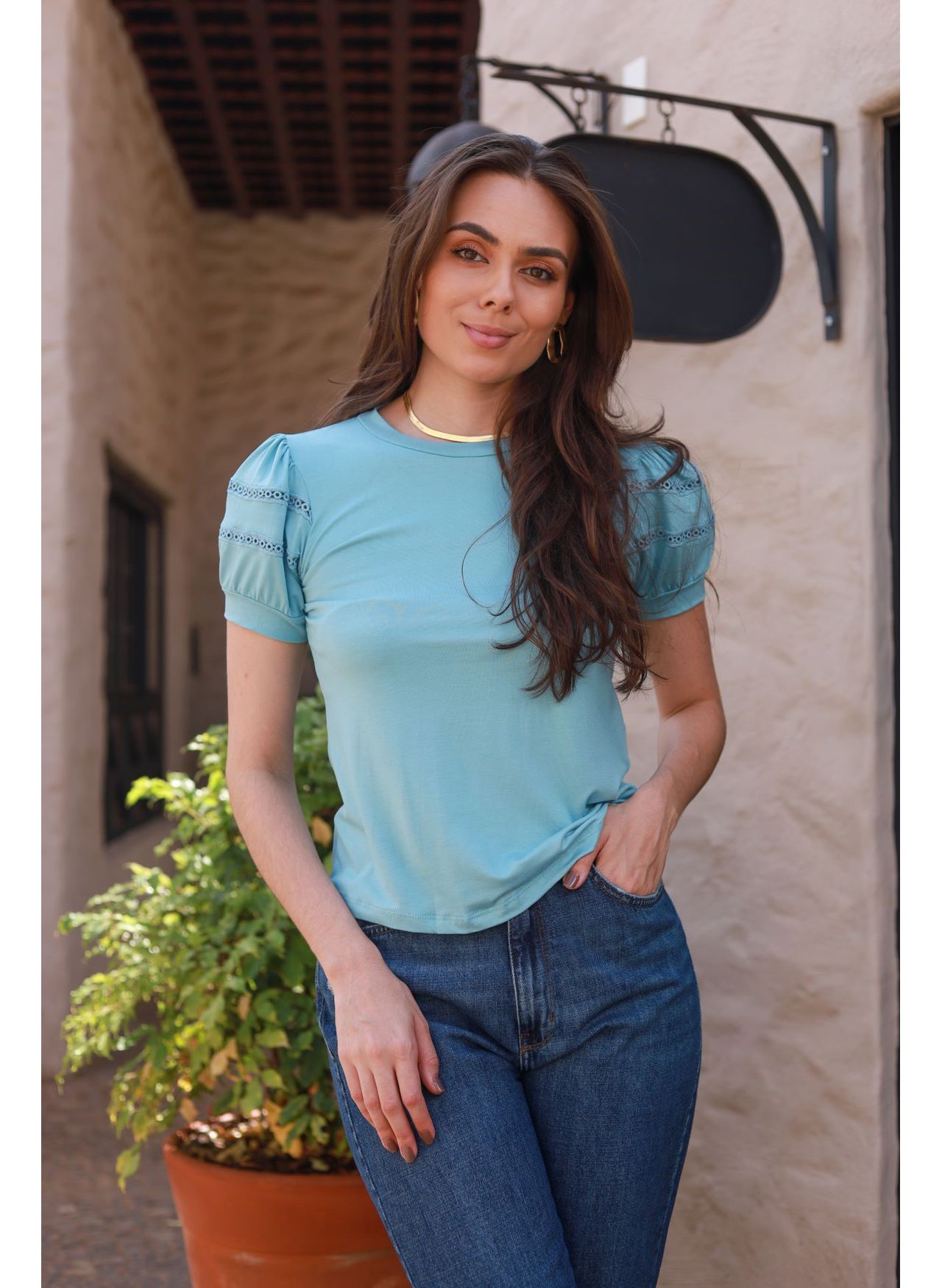 Blusa Mangas Renda - Azul