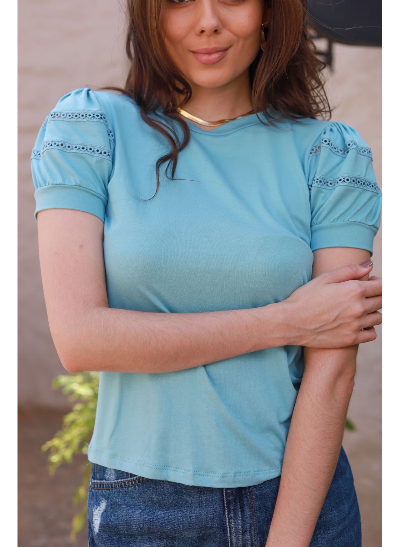 Blusa Mangas Renda - Azul