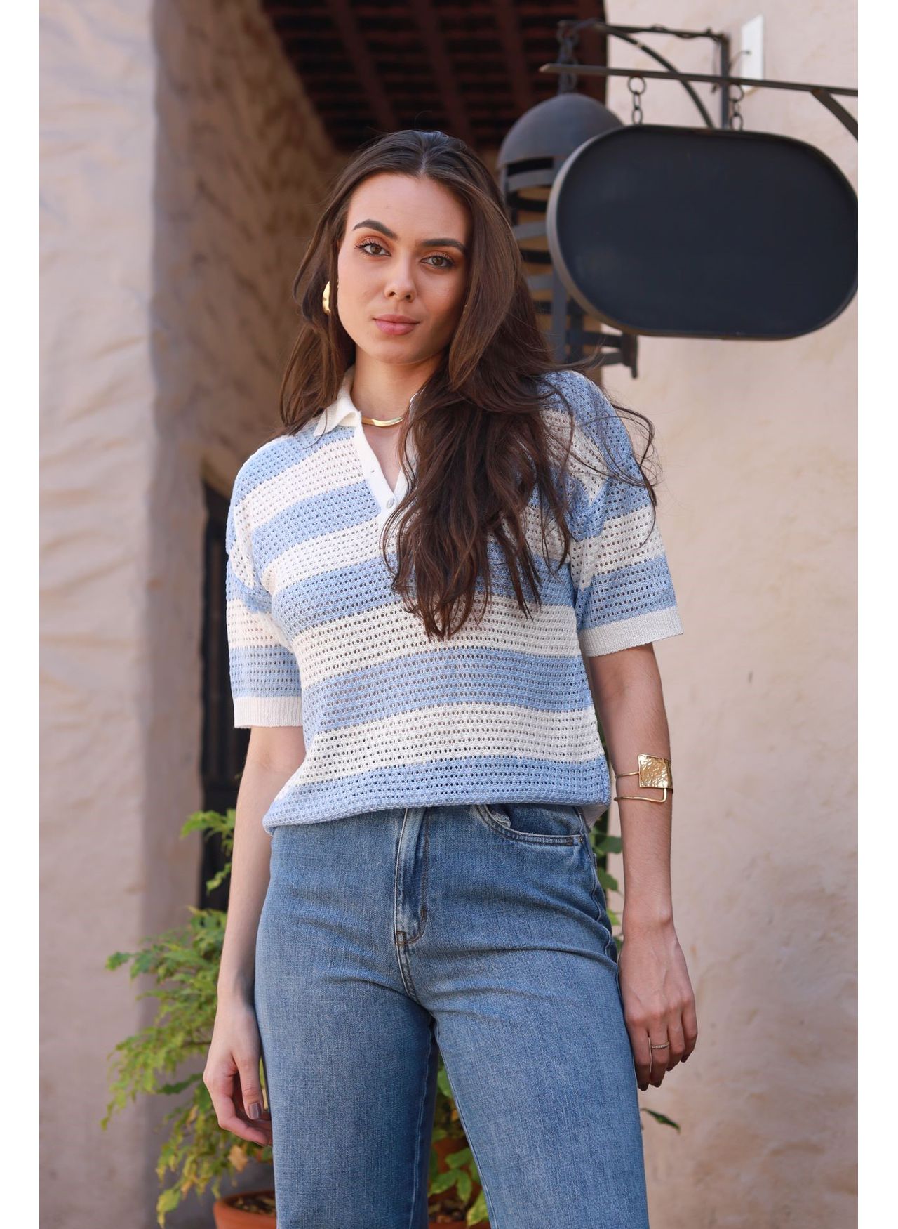 Blusa Tricot Listras - Azul