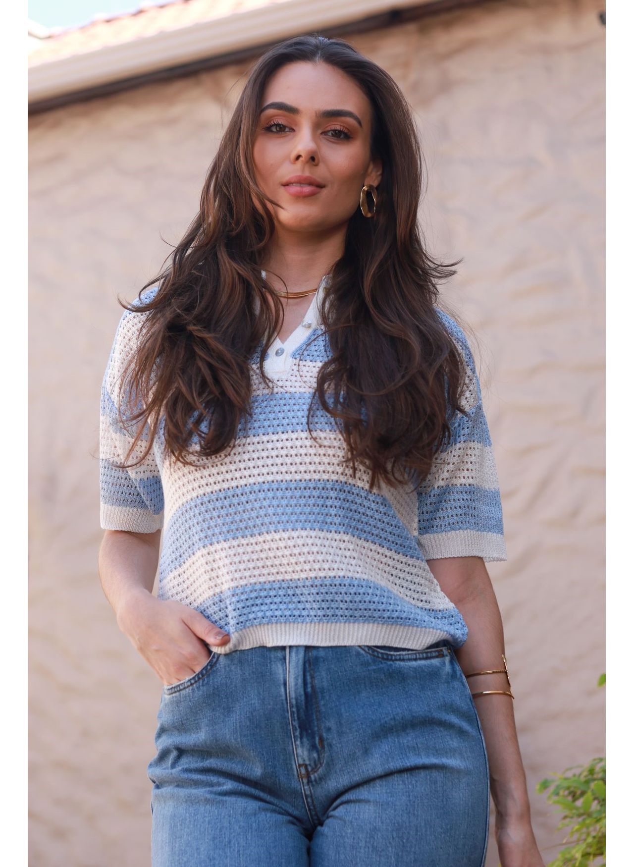 Blusa Tricot Listras - Azul