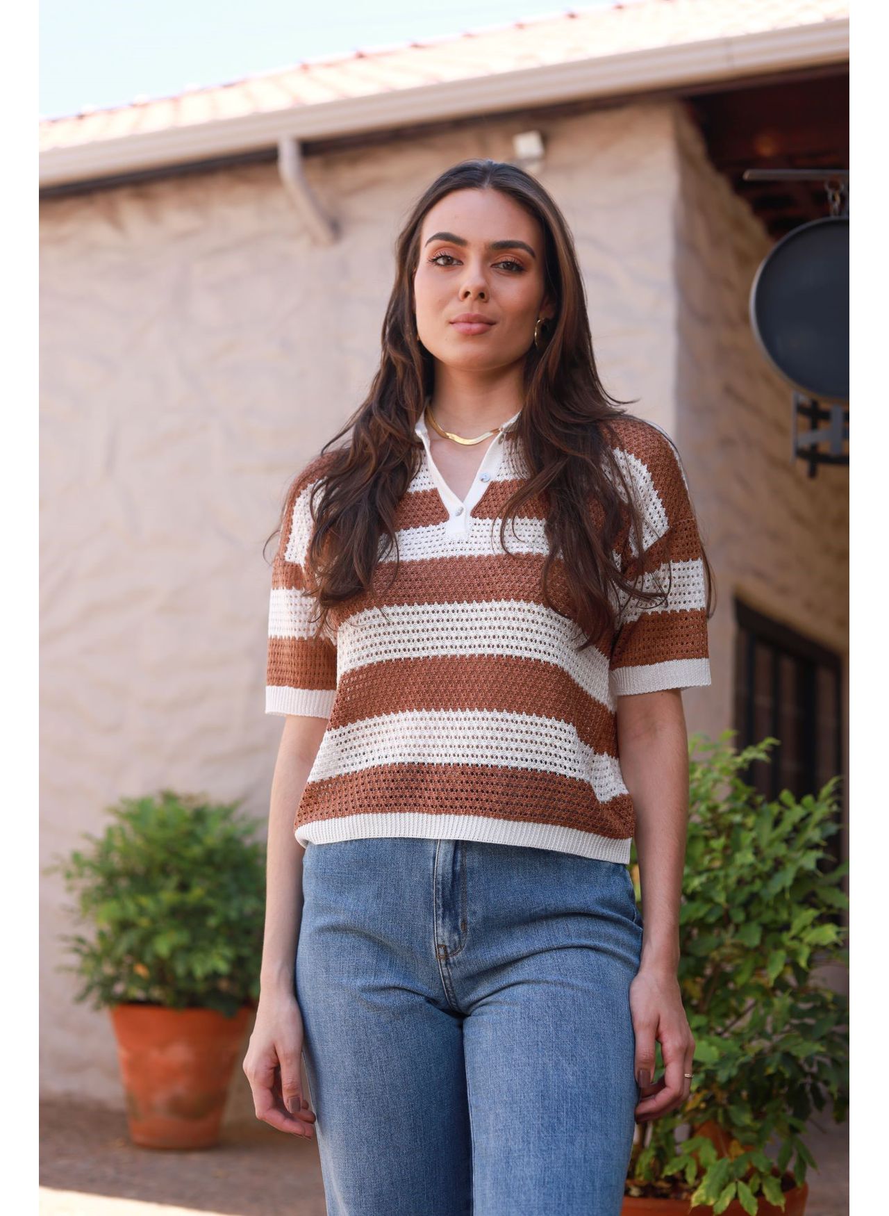 Blusa Tricot Listras - Caramelo