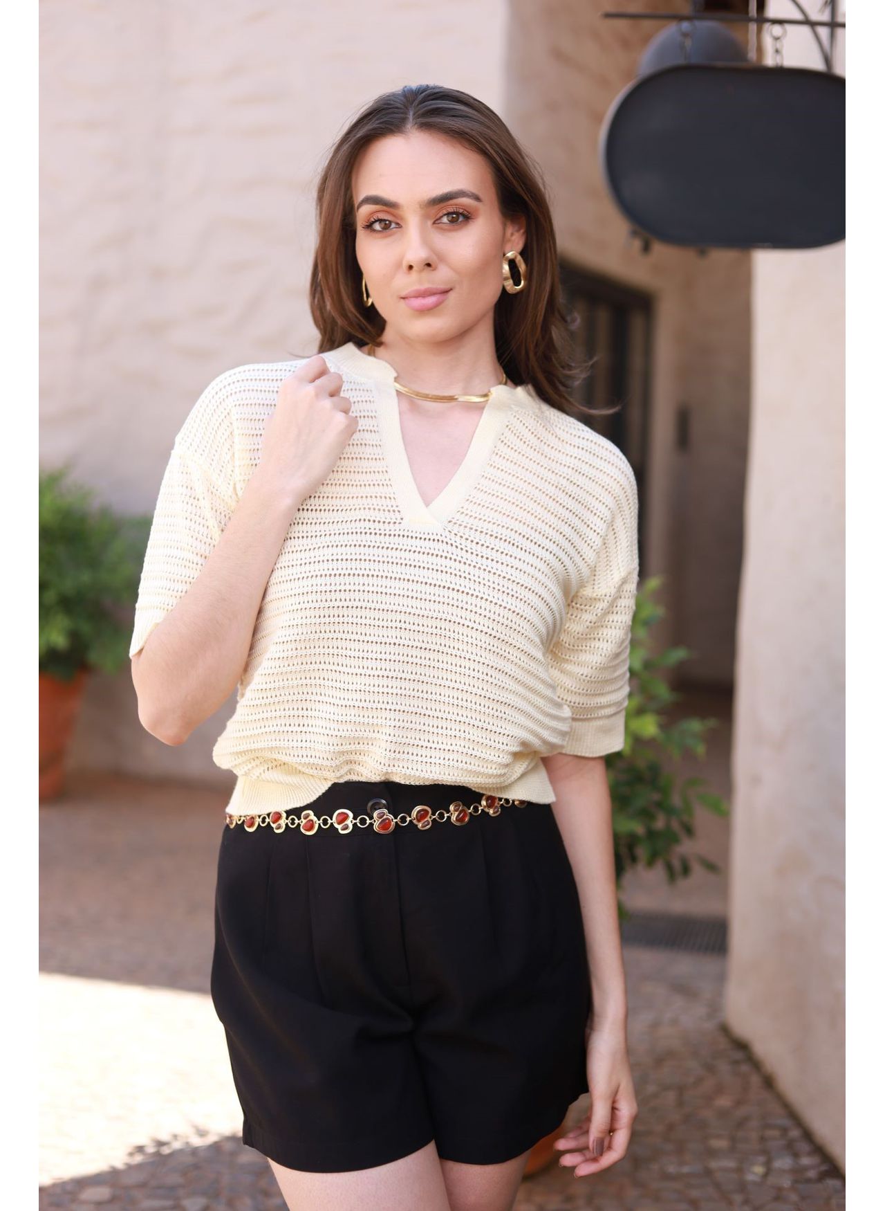 Blusa Tricot Rendada - Manteiga