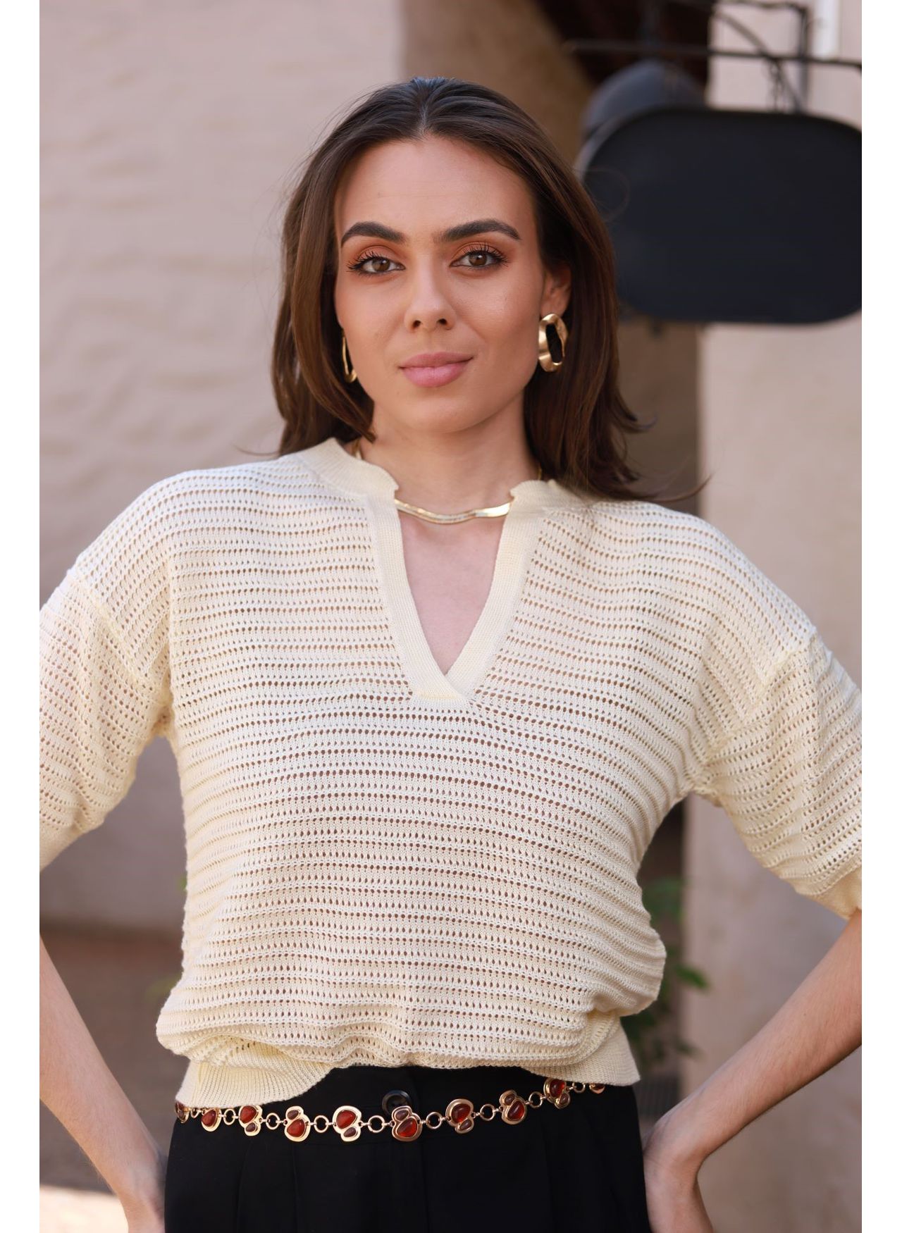 Blusa Tricot Rendada - Manteiga