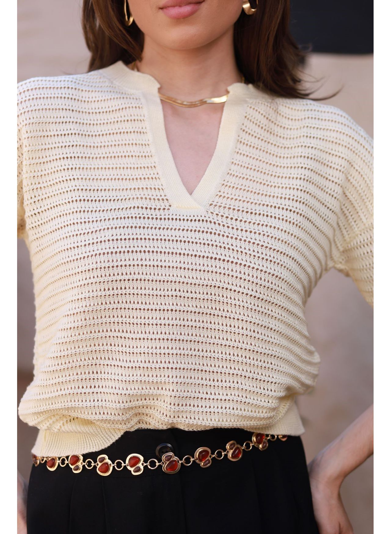 Blusa Tricot Rendada - Manteiga