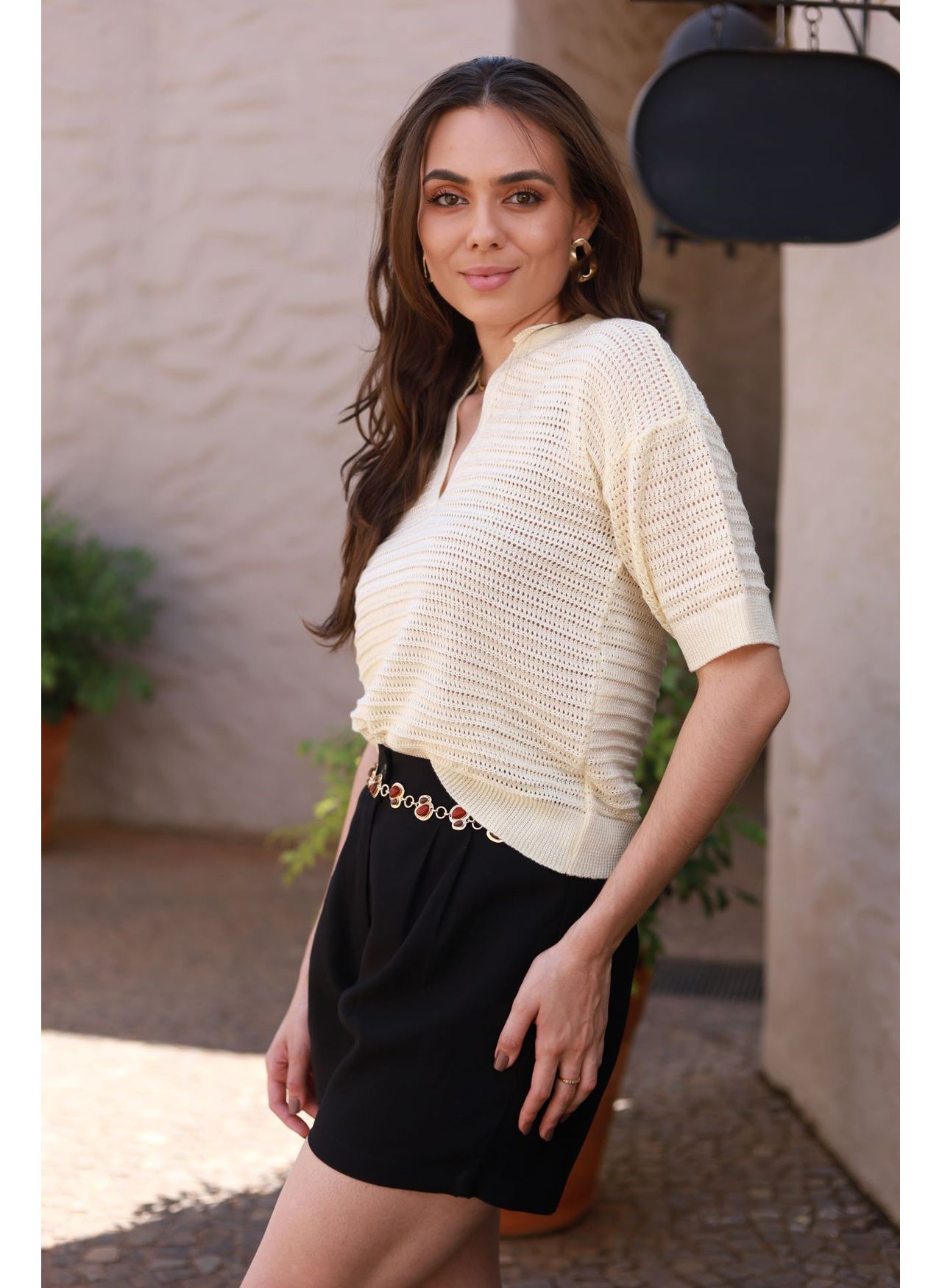 Blusa Tricot Rendada - Manteiga