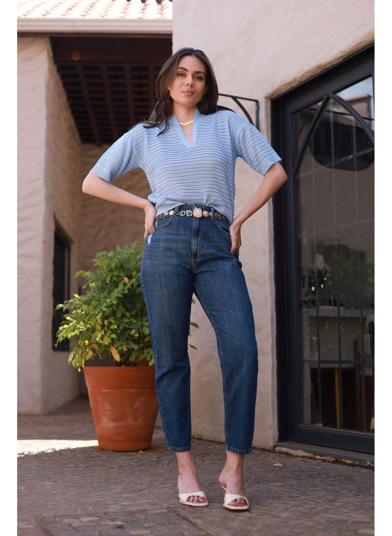 Blusa Tricot Rendada - Azul