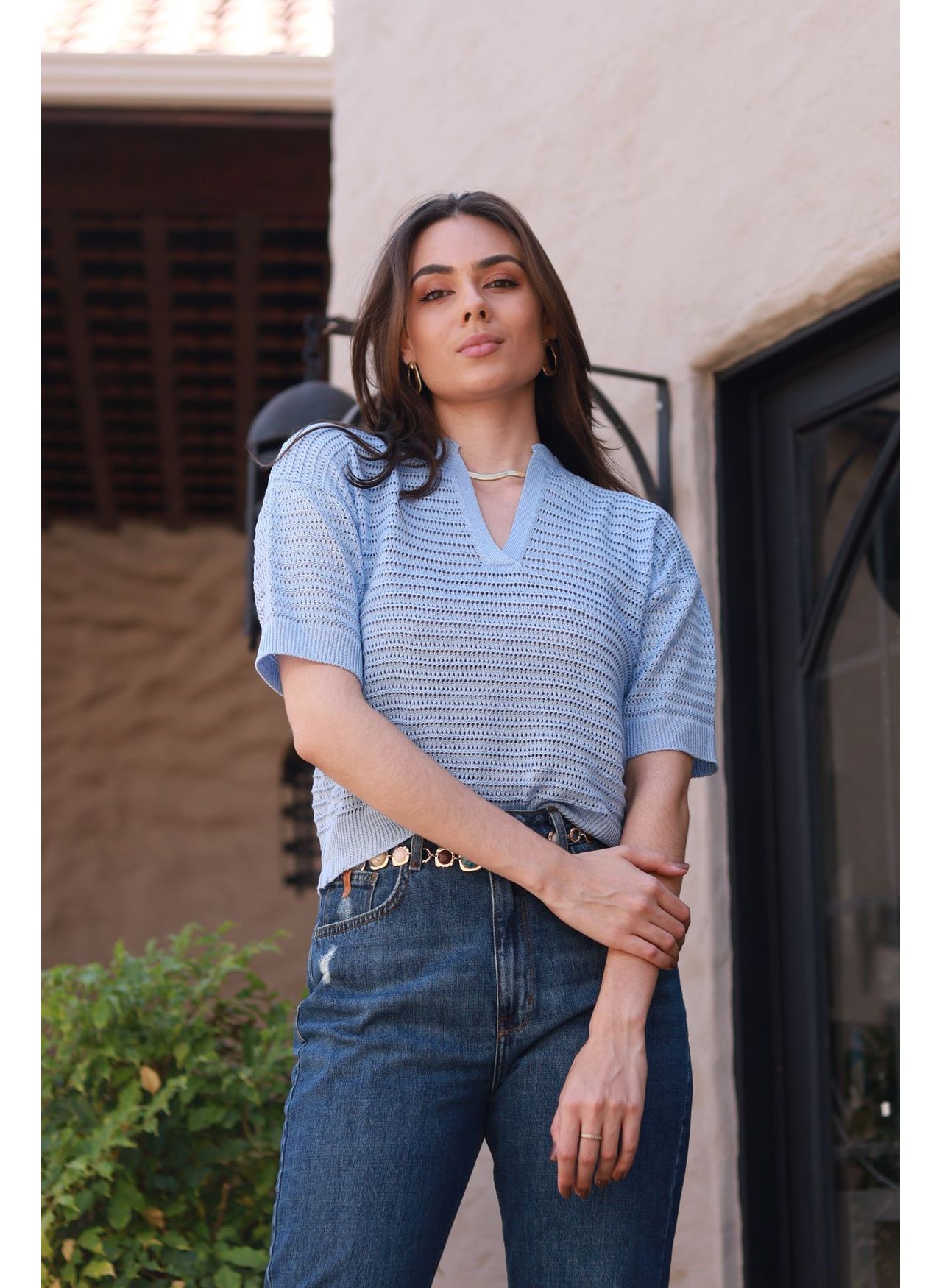 Blusa Tricot Rendada - Azul