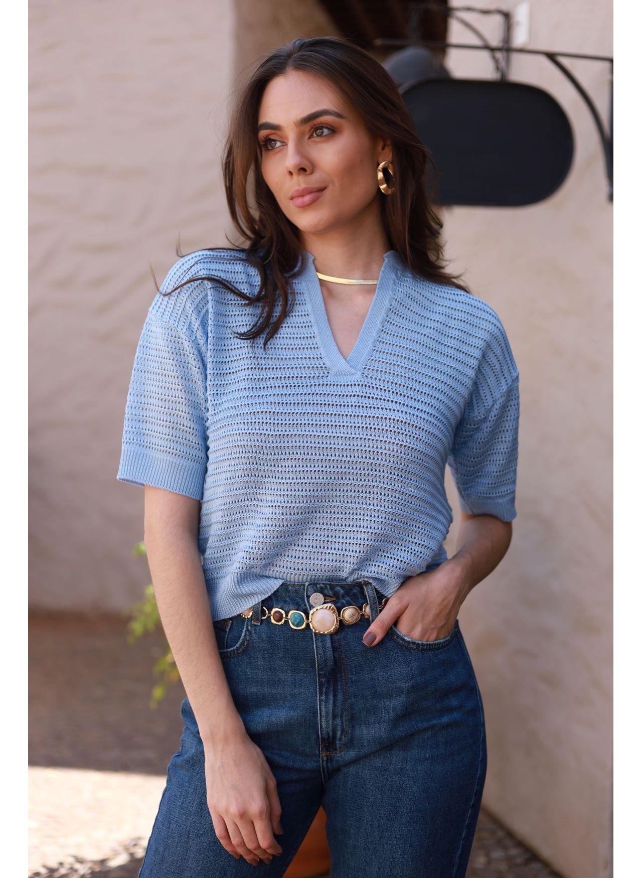 Blusa Tricot Rendada - Azul