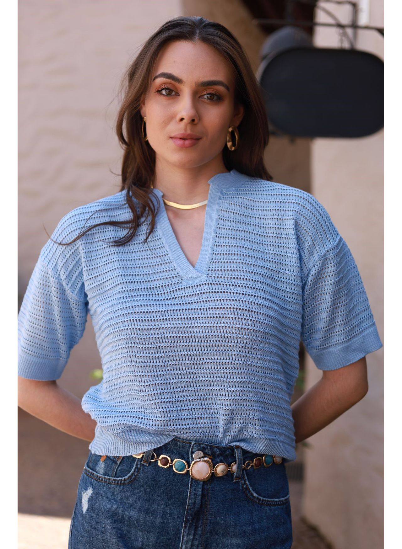 Blusa Tricot Rendada - Azul