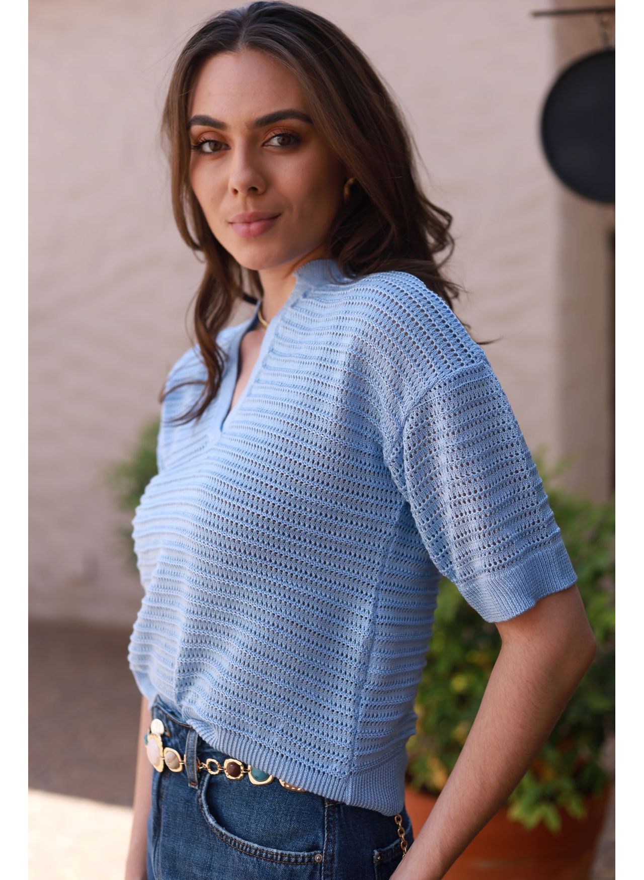 Blusa Tricot Rendada - Azul
