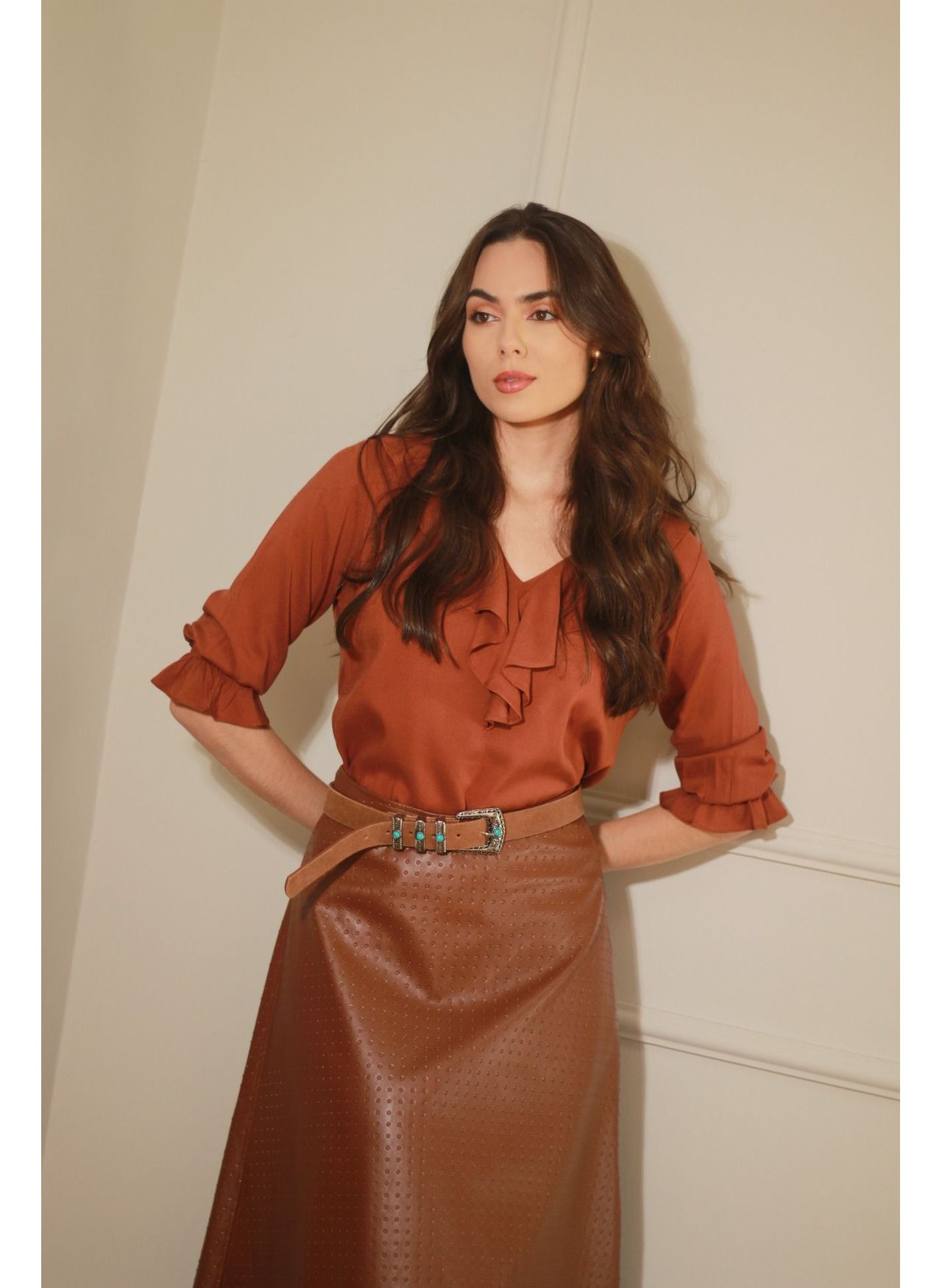 Blusa Babados Viscose - Marrom