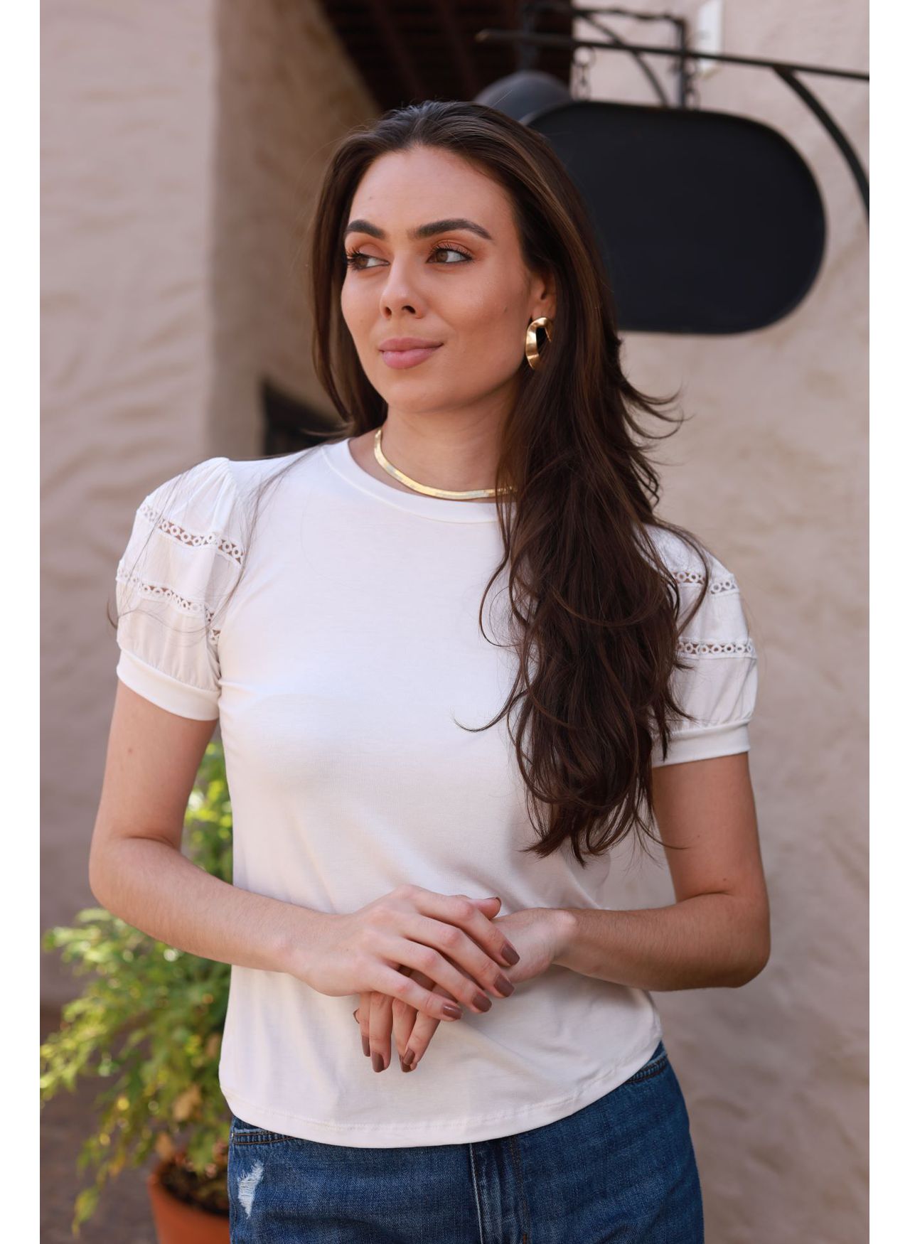 Blusa Mangas Renda - Off White