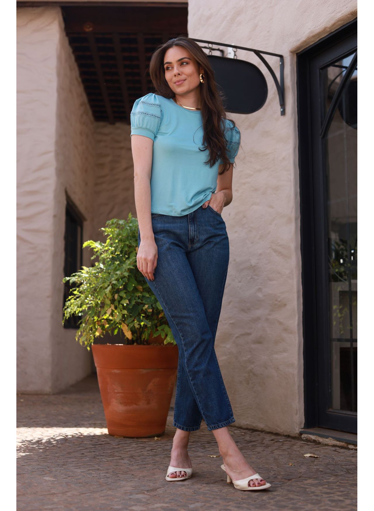 Blusa Mangas Renda - Azul