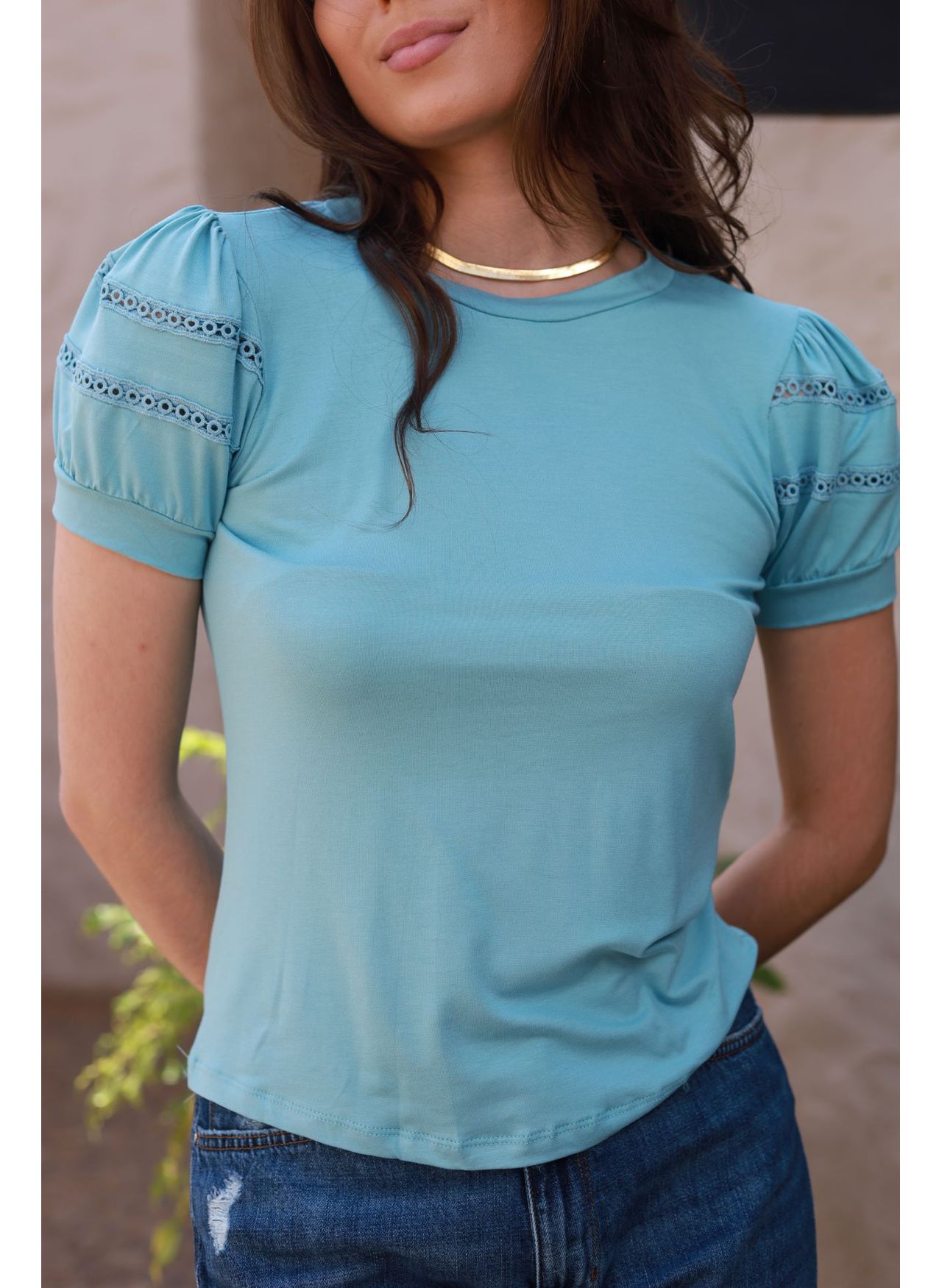 Blusa Mangas Renda - Azul