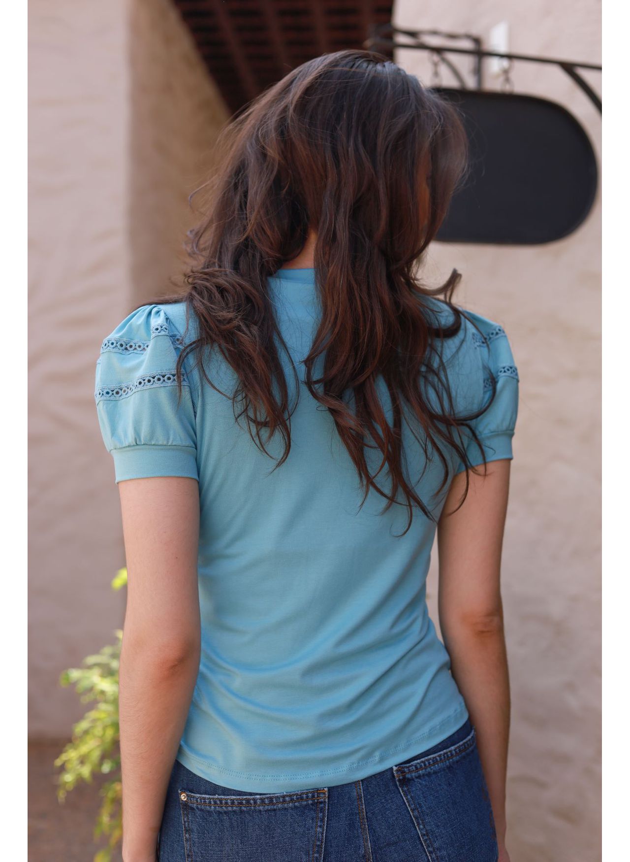 Blusa Mangas Renda - Azul