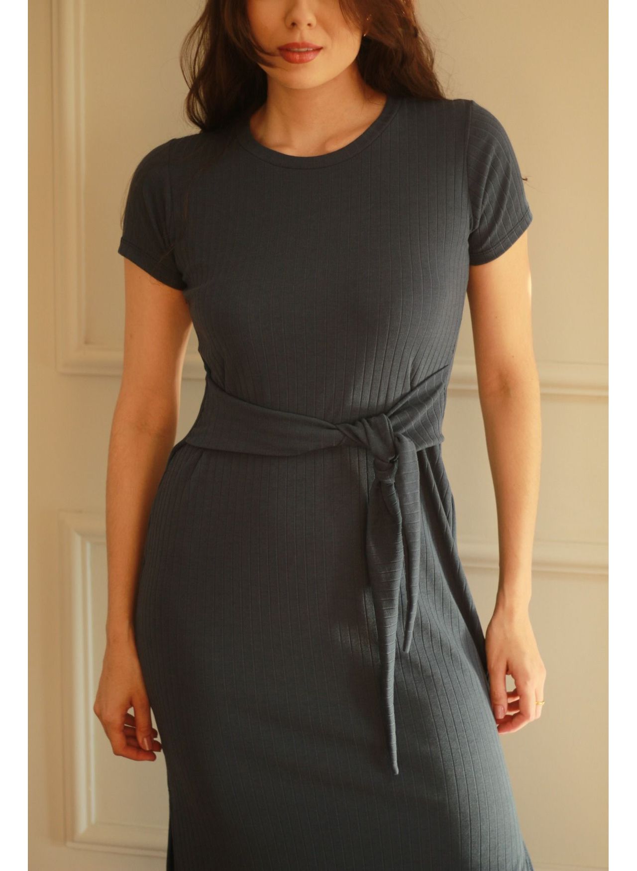 Vestido Canelado Faixa - Azul