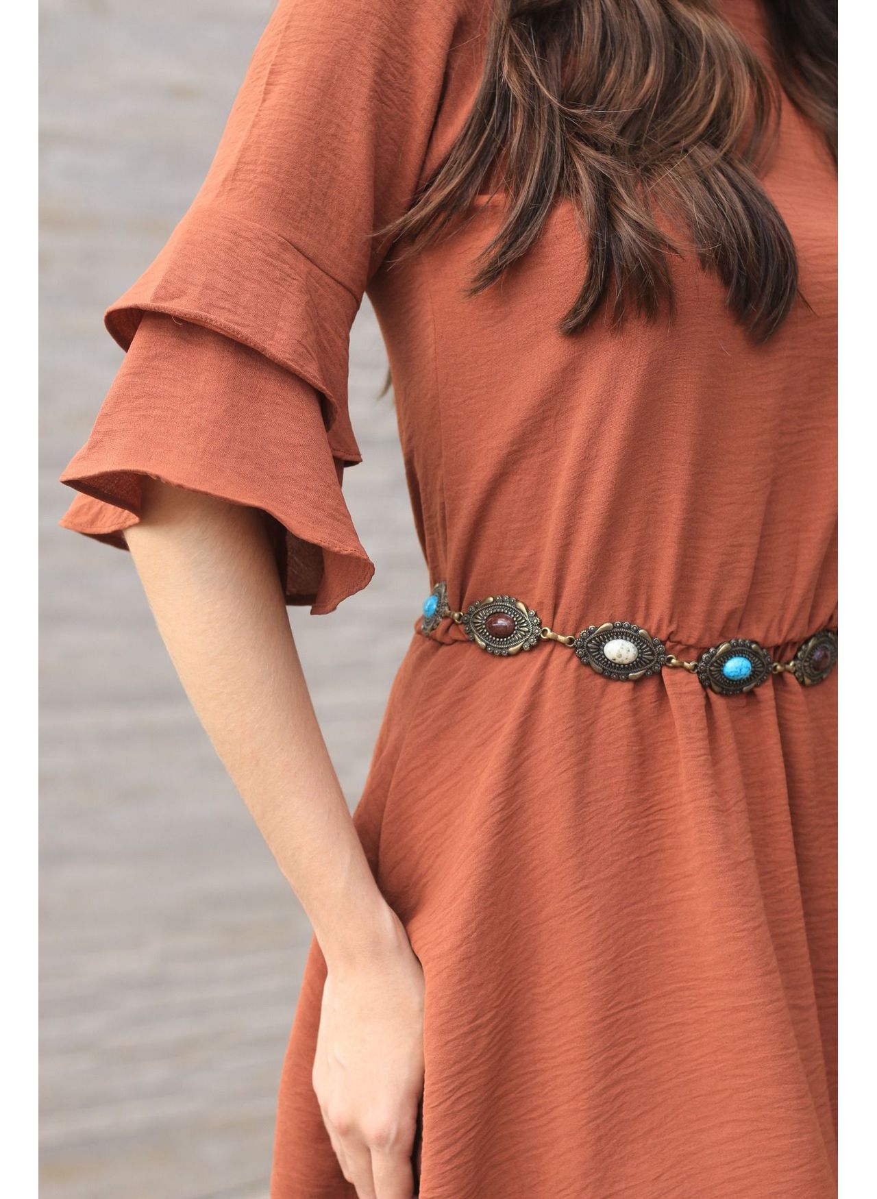 Vestido Babados Manga - Marrom