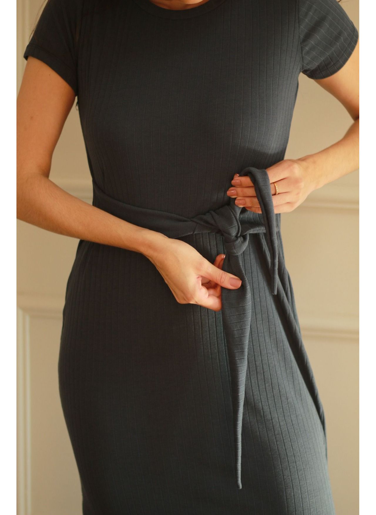 Vestido Canelado Faixa - Azul
